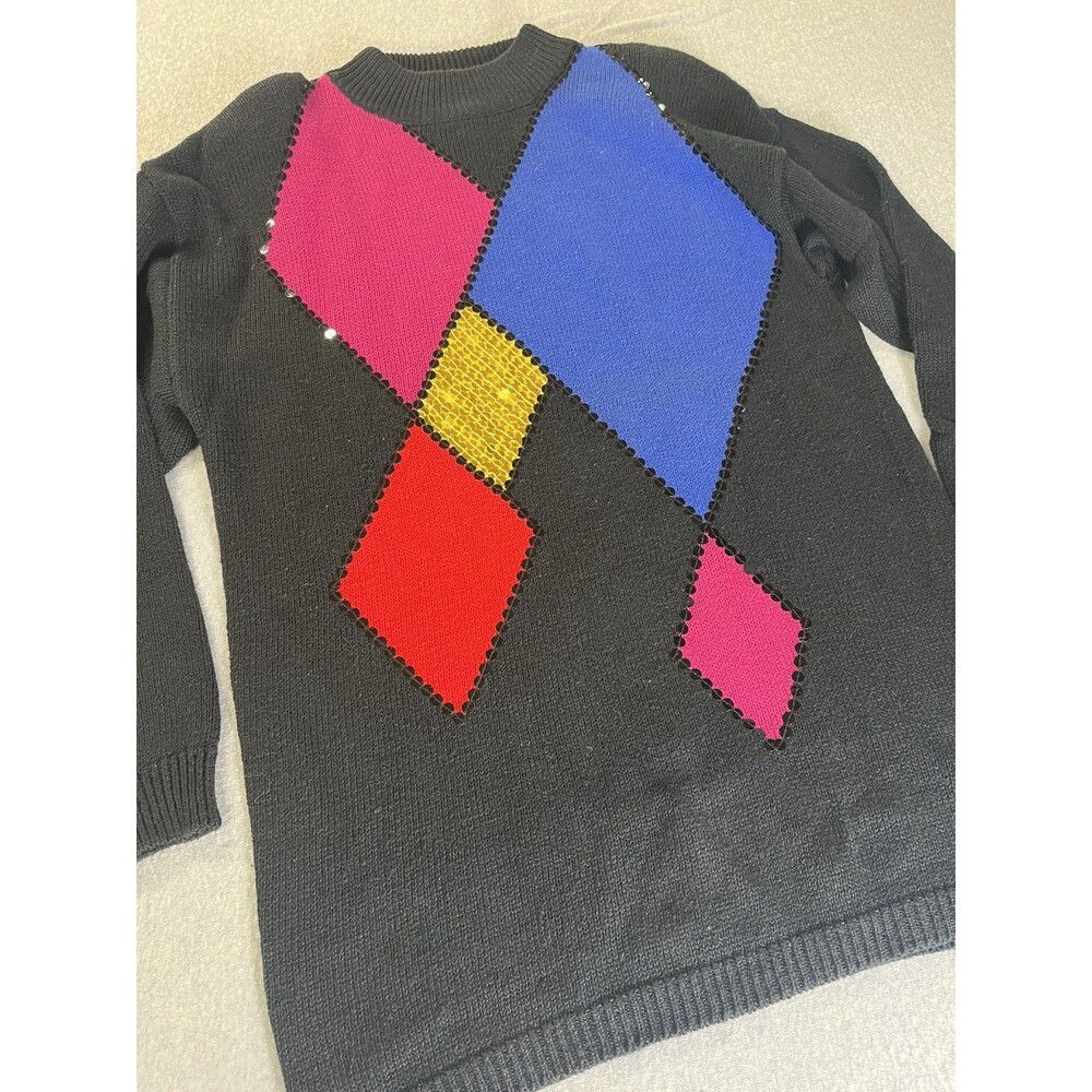 Vintage 80s Haberdashery Sequin Diamond Color-Block Sweater - Large #3974